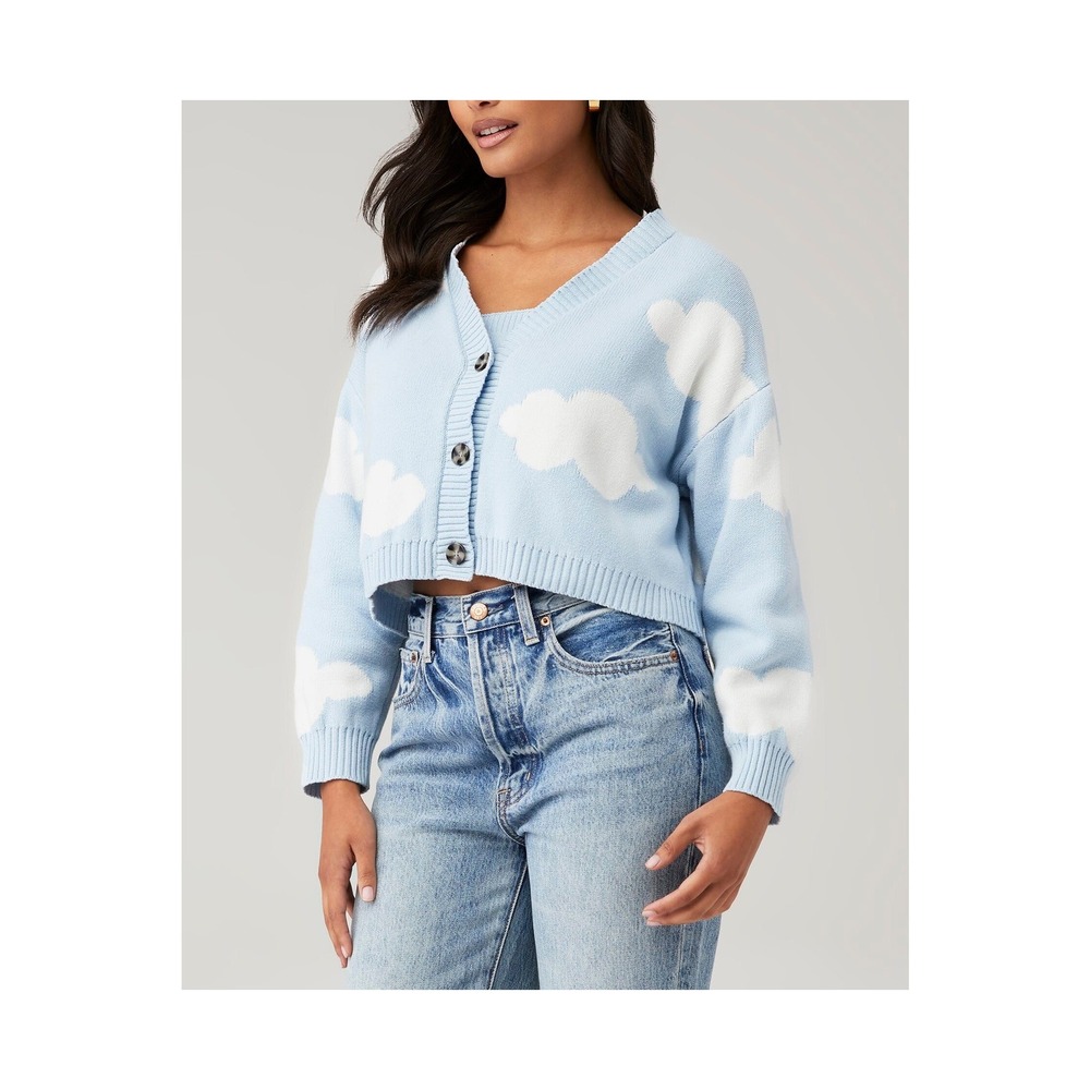 Callahan Knitwear Light Blue White Cloud Print Cardigan and Camisole‎ Set Large